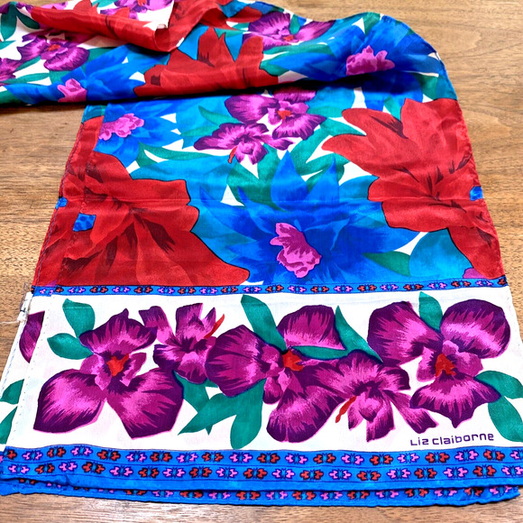 Vintage Liz Claiborne Silk Scarf Long Rectangle Gem Tones Floral Tropical Print - Picture 3 of 5